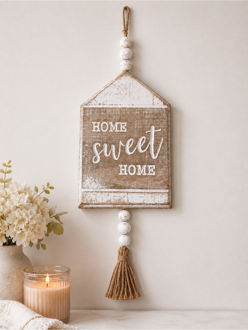 Home Sweet Home Rustic Hanging Sign - White & Natural Wood